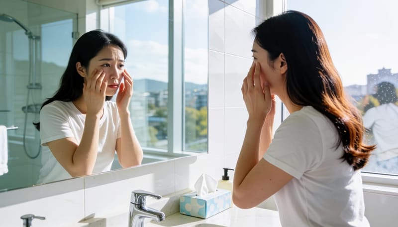 단순한 울림에서 눈과 볼 쪽으로 증상이 번지는 것을 느끼는 여성