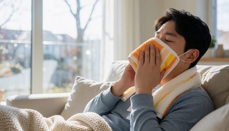 가벼운 압력 완화를 위해 집에서 온찜질을 하는 남성