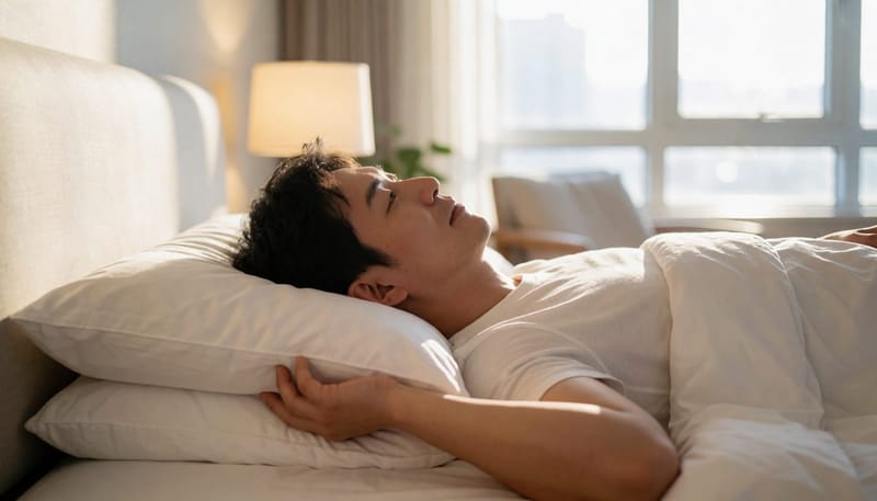 베개를 높여 머리와 목을 받친 채 바로 누운 자세