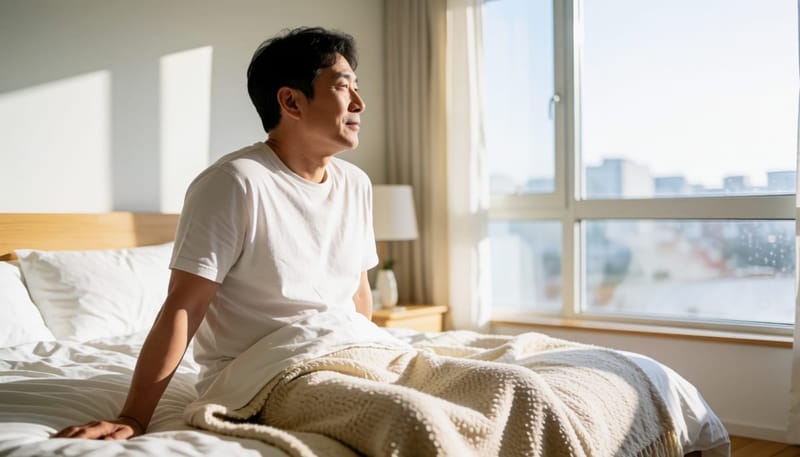 아침에 한쪽 콧구멍을 눌러 비주기를 확인하는 남성