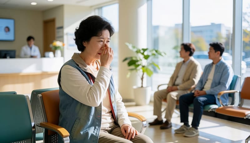 코막힘이 지속되어 병원을 찾은 여성이 대기실에 앉아있는 모습