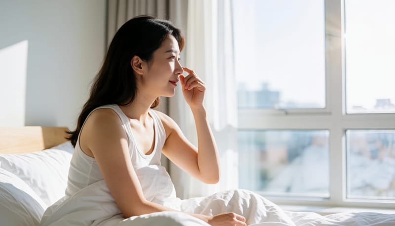 아침 침대에서 코를 만지며 답답해하는 여성