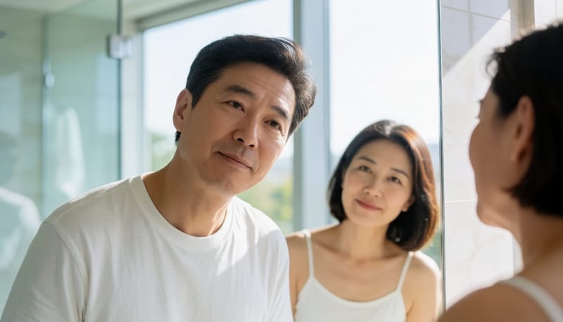 거울 앞에서 한쪽 코 막힘을 확인하는 남성
