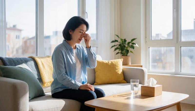 거실에서 코 상태를 살피며 걱정하는 여성