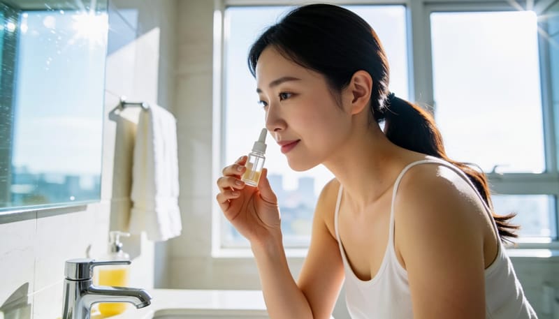 생리식염수 스프레이로 코를 관리하는 여성