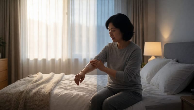 낮과 밤의 대비가 느껴지는 침실에서 팔에 보습제를 바르는 여성