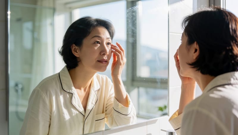 아침에 거울 앞에서 눈꺼풀을 만져보며 살피는 여성