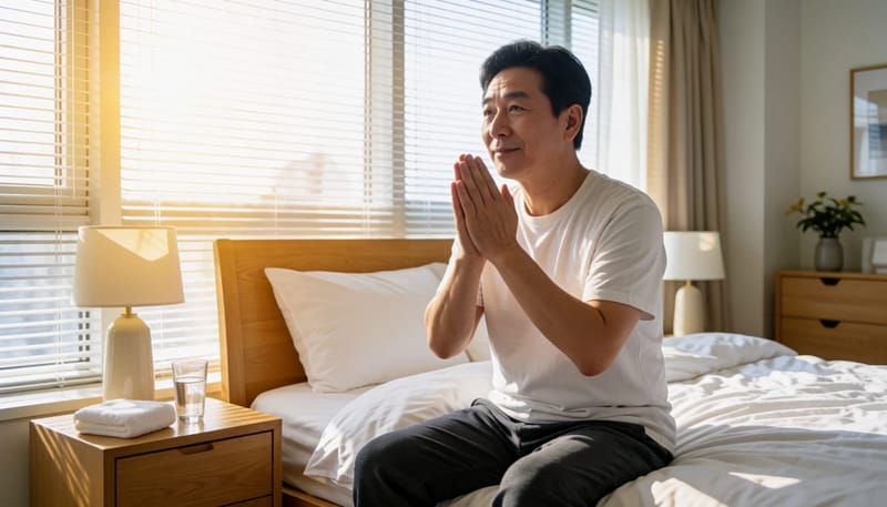 아침 루틴으로 눈꺼풀 관리 스트레칭을 하는 남성