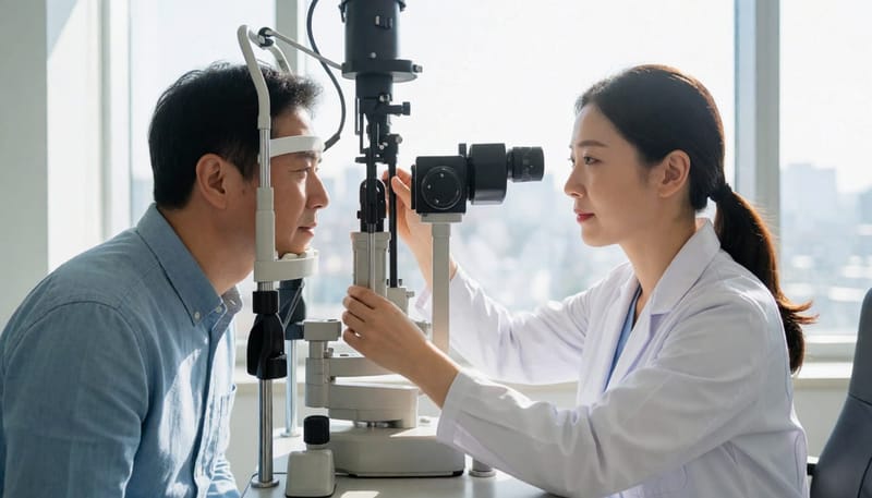 안과에서 세극등 검사를 받고 있는 환자와 의사