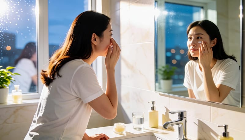 밤에 세면대 거울 앞에서 아이크림을 눈가에 톡톡 바르는 여성