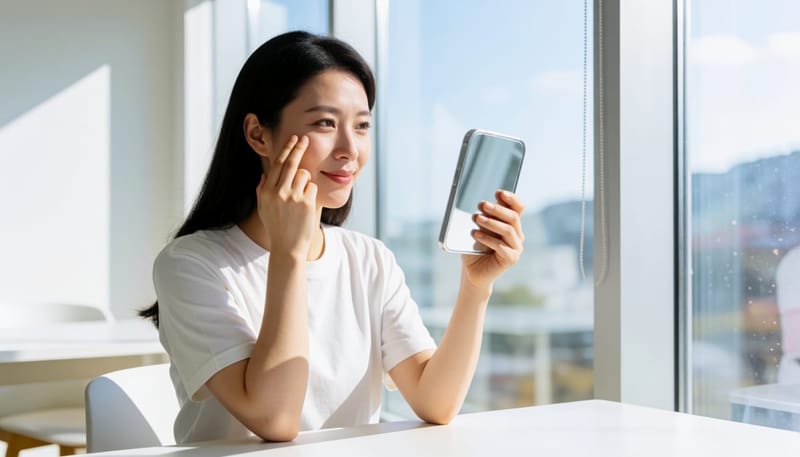 손거울을 보며 손가락으로 눈 밑 피부를 당겨 확인하는 여성