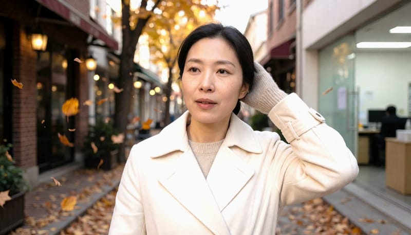 늦가을 찬바람 속에서 뒤통수를 짚으며 통증을 느끼는 여성