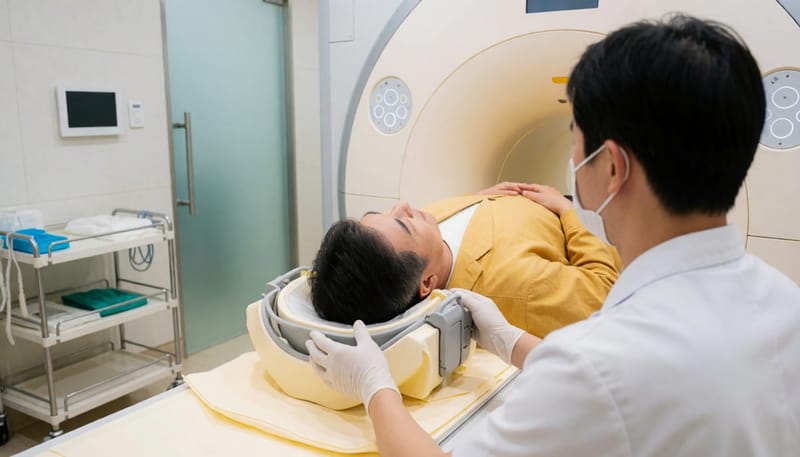 MRI 장비로 뒤통수 신경 통증 검사를 받는 남성 환자