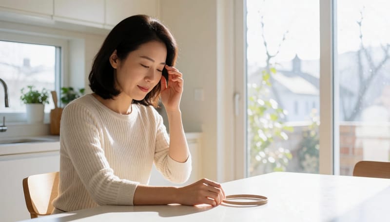 머리띠를 만지며 두피 통증에 손을 대고 찡그리는 여성