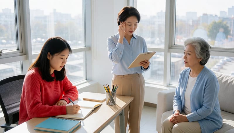 청소년, 중년, 노년 세 연령대가 각자 두피를 만지는 모습