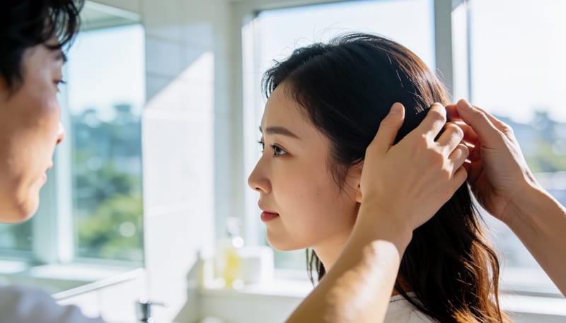 욕실에서 두피 상태를 살펴보는 손과 머리를 숙인 여성