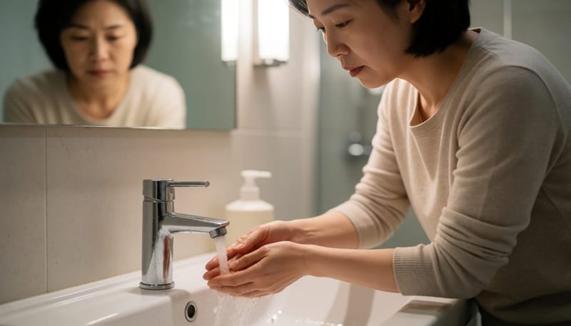 세면대에서 손을 씻으며 불안한 표정을 짓는 여성