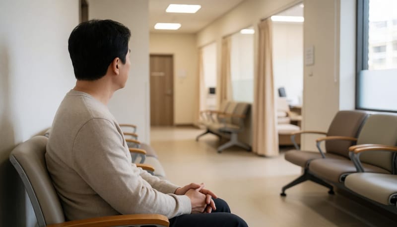 진료를 고려하며 병원 대기실에 앉아 있는 남성