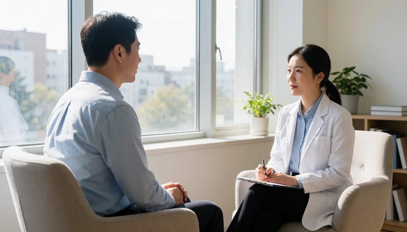 정신건강의학과 진료실에서 상담을 받는 남성