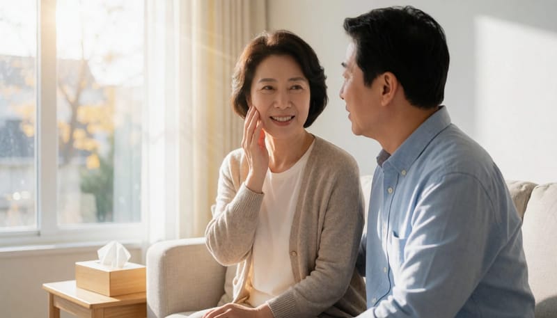 코 주변 통증을 참으며 소파에 앉아 있는 중년 여성