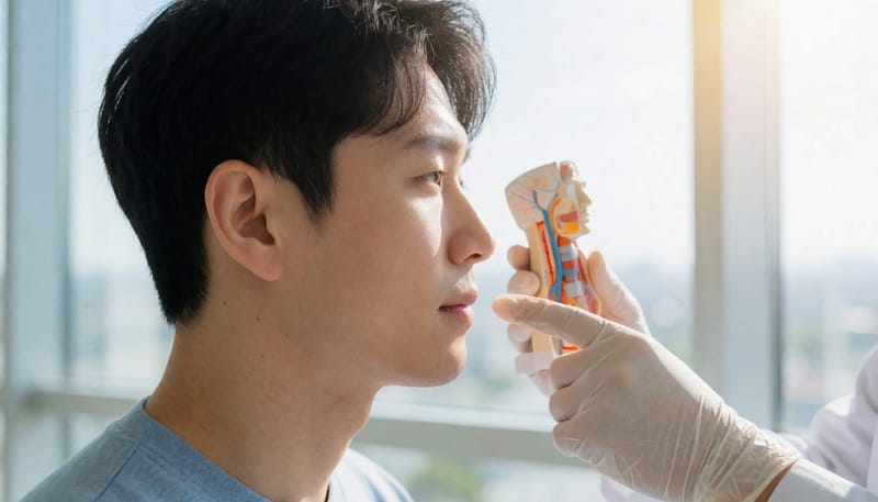코와 윗니가 연결된 부위를 가리키는 의사와 환자의 옆모습