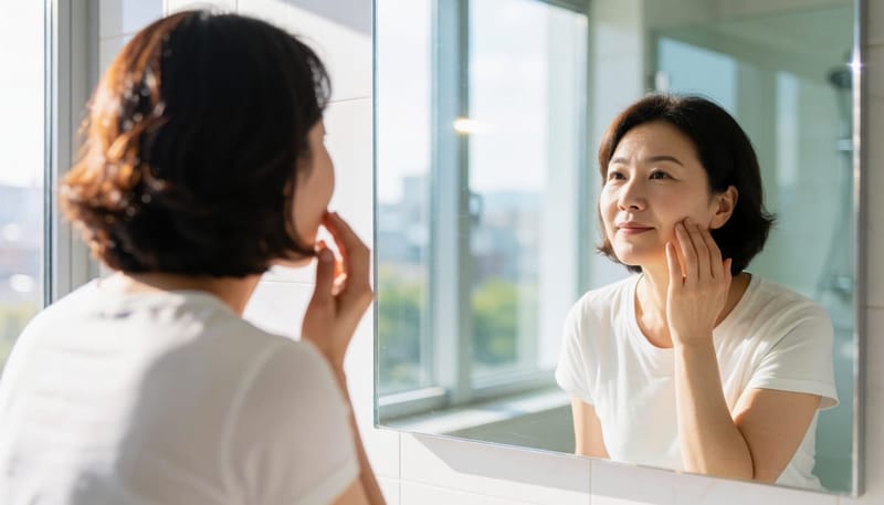 통증이 뺨에서 턱으로 퍼지는 과정을 확인하는 여성의 거울 속 모습