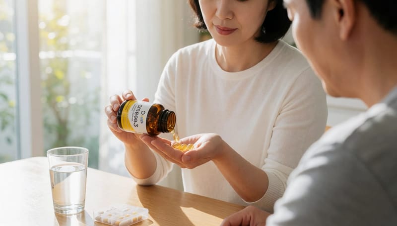 아침 식탁에서 오메가3 캡슐을 손바닥에 덜어내는 여성