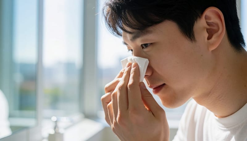 코를 손으로 지그시 누르며 지혈하는 남성의 옆모습
