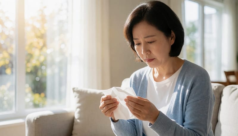 휴지를 살펴보며 코피 양상을 확인하는 여성