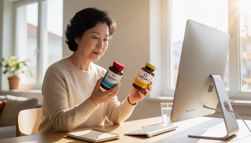 두 종류의 오메가3 제품을 비교하며 복용량을 고민하는 여성
