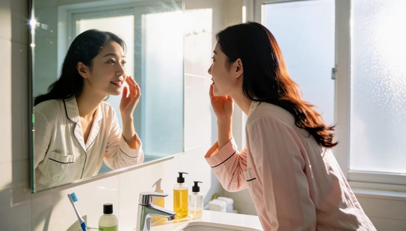 아침 욕실 거울 앞에서 눈을 들여다보는 여성