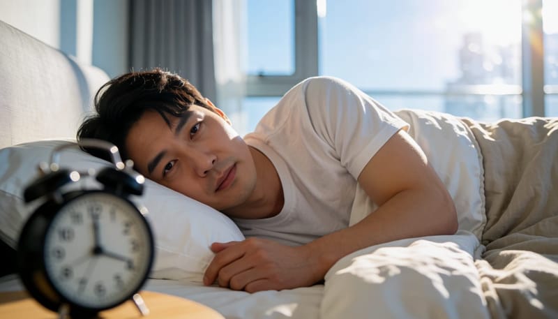 이른 아침 침대에서 막 깨어나는 남성의 모습