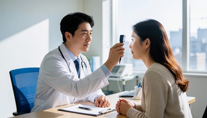 병원에서 의사가 환자의 눈을 살펴보는 진료 장면