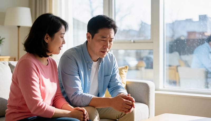거실에서 부어오른 무릎 안쪽을 손가락으로 눌러보며 확인하는 남성