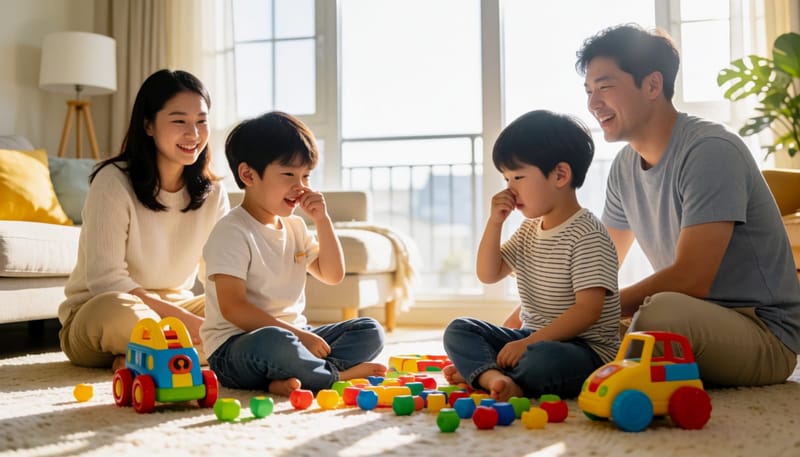거실에서 코를 만지며 앉아 있는 어린 소년