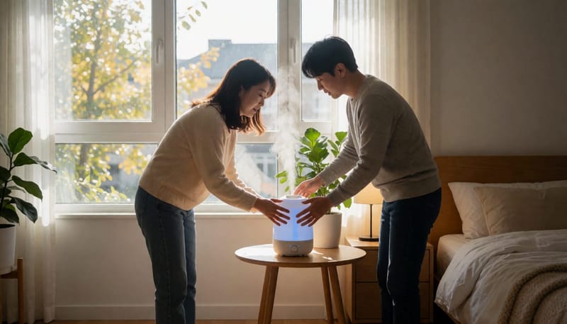 침실에 가습기를 놓고 습도를 맞추는 여성