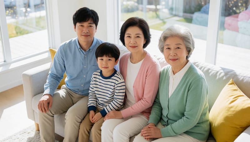 소파에 함께 앉아 있는 삼대 가족의 모습