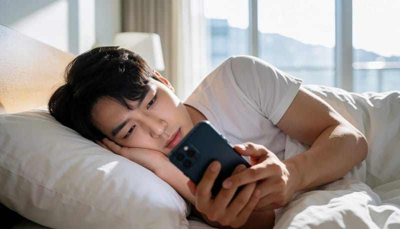 한밤중 침대에서 스마트폰을 보다 한쪽 눈을 가리고 침침함을 느끼는 남성