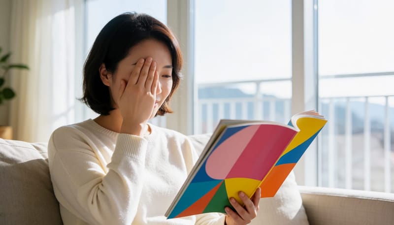 집에서 한쪽 눈을 가리고 색 구별을 확인해보는 여성