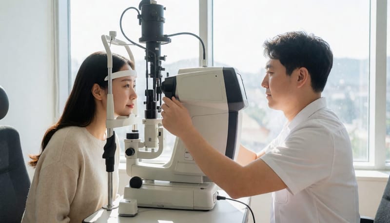 안과에서 정밀 검사 기기로 눈 상태를 측정하는 환자