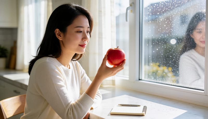 꽃가루 날리는 창가에서 사과를 들고 고민하는 여성