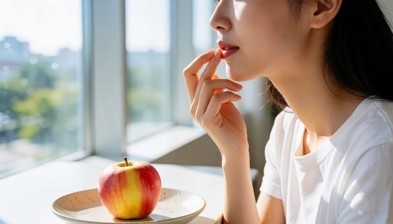 사과를 먹은 후 입술을 만지며 불편해하는 여성 클로즈업