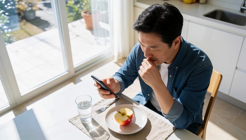 사과를 먹고 시간을 확인하며 증상을 체크하는 모습