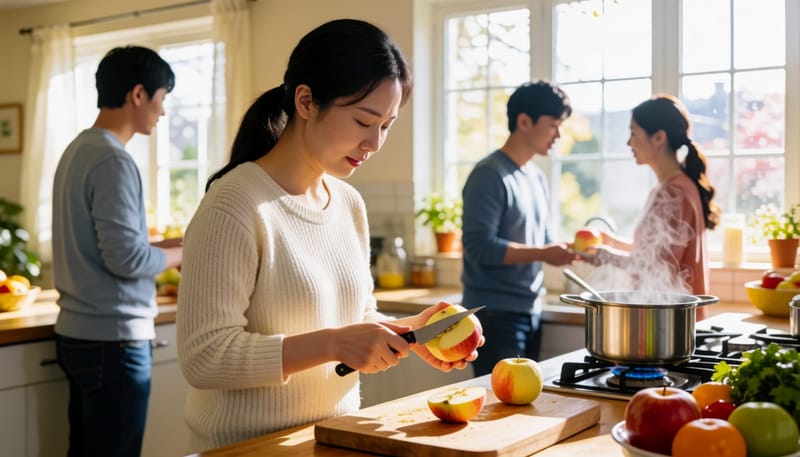 사과 껍질을 벗기고 가열 조리를 준비하는 주방 풍경