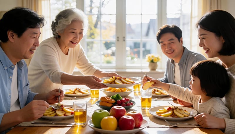 생것 사과와 조리된 사과를 함께 두고 고르는 가족 식탁