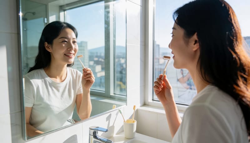 거울 앞에서 혀클리너로 백태를 닦아내는 여성