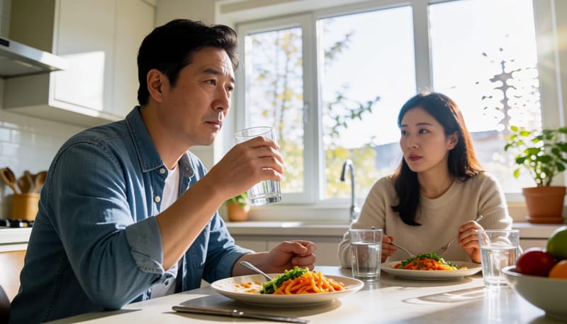 피곤한 표정으로 물을 마시는 중년 남성, 백태 원인을 암시하는 장면