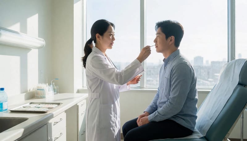 병원에서 의사가 입안 점막 검사 샘플을 채취하는 모습