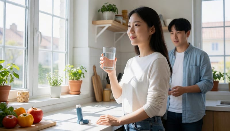 흡입기 사용 직후 물로 입안을 헹구는 여성