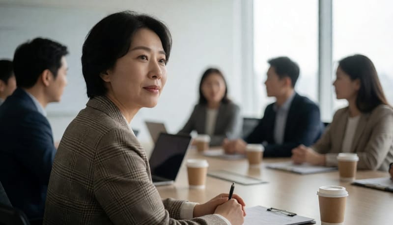 회의 중 목 옆을 무의식적으로 긁는 여성